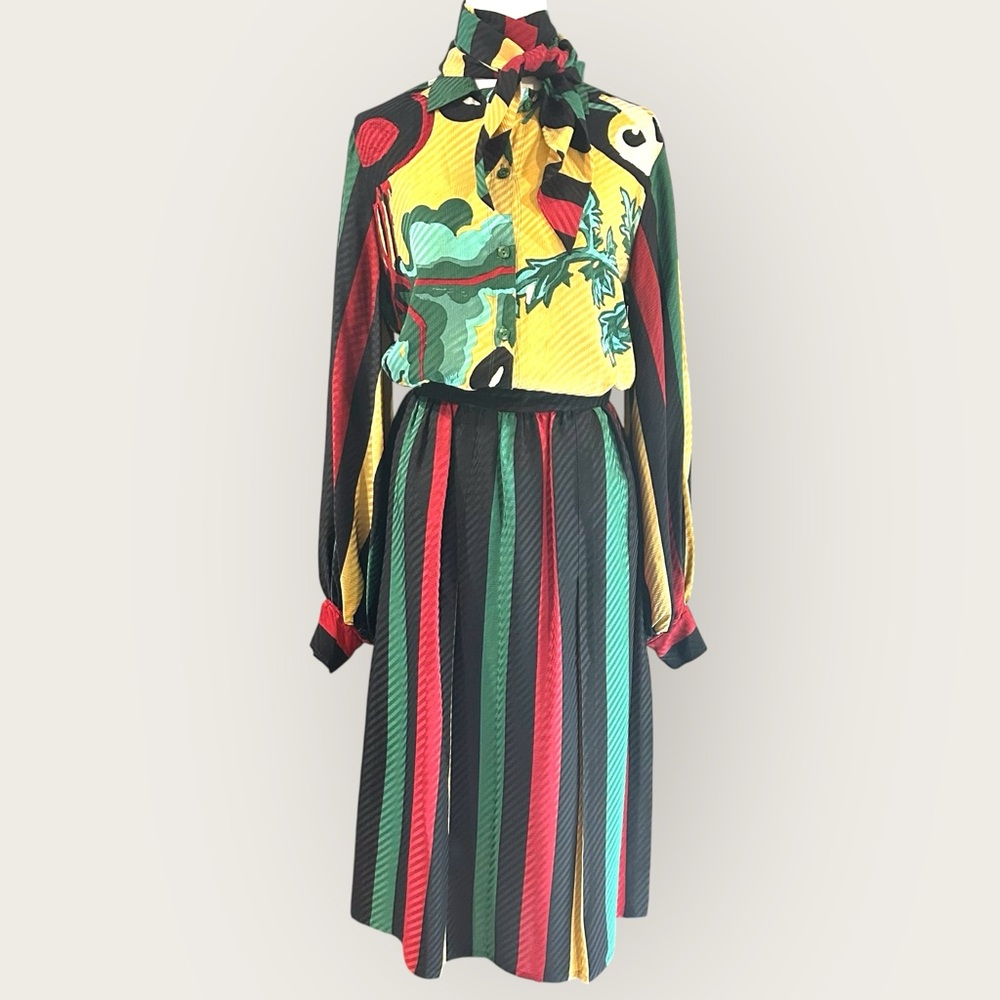 Michaele Vollbracht Late 70s Early 80s Silk Set Blouse‎ M Skirt 10 Scarf Vintage - Picture 2 of 16
